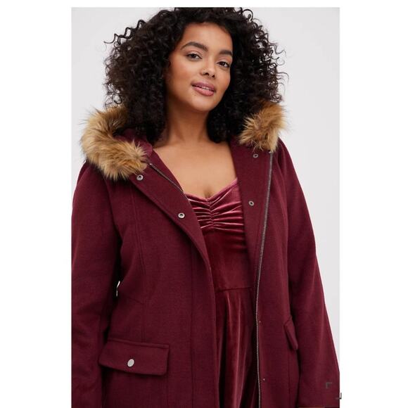 Torrid Wool Faux Fur Hooded Deep Red Zip Front Coat - Picture 4 of 16
